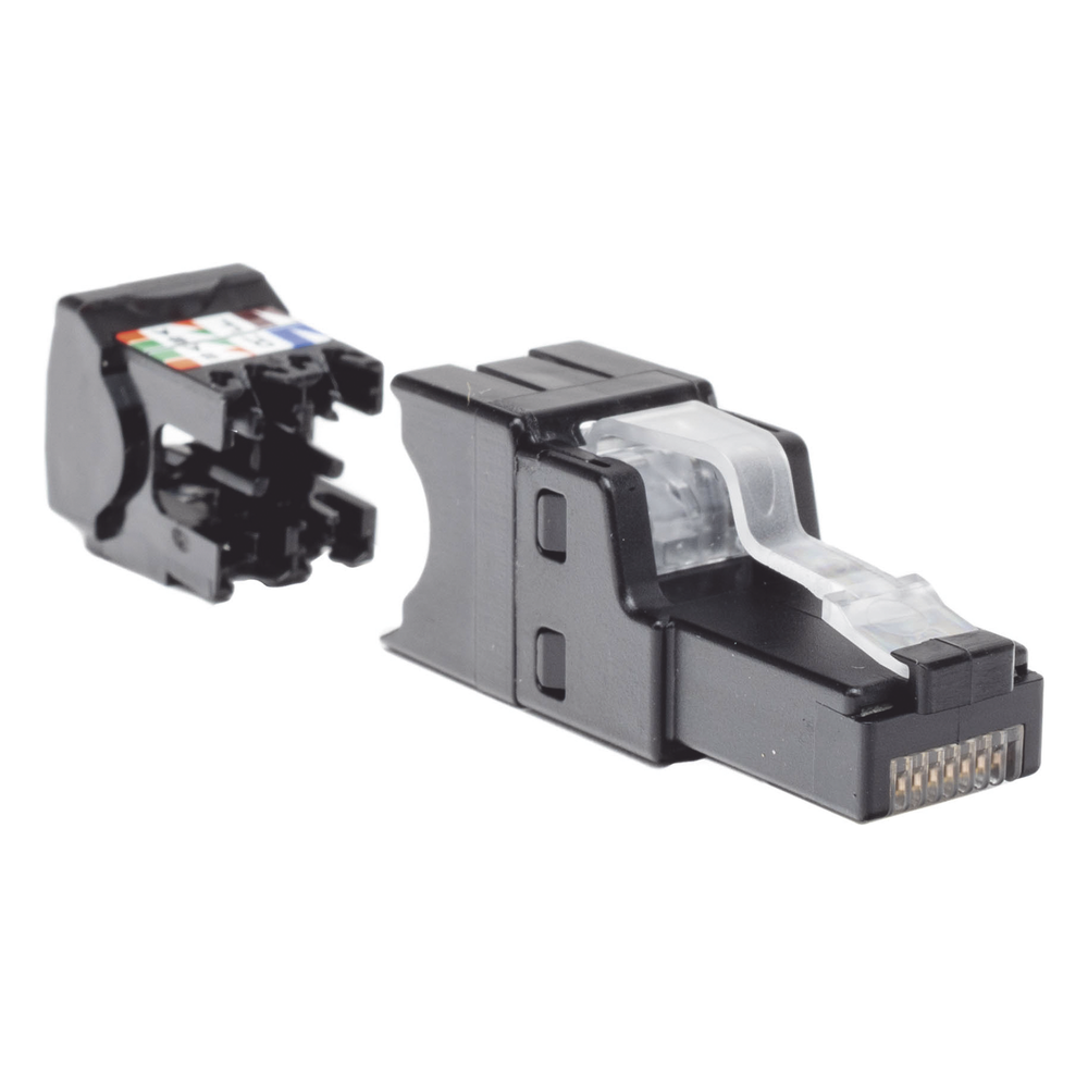 Plug RJ45 UTP, Instalación Recta, Terminación en Campo Certificable, Compatible con Cat5e, Cat6 y Cat6A, Color Negro