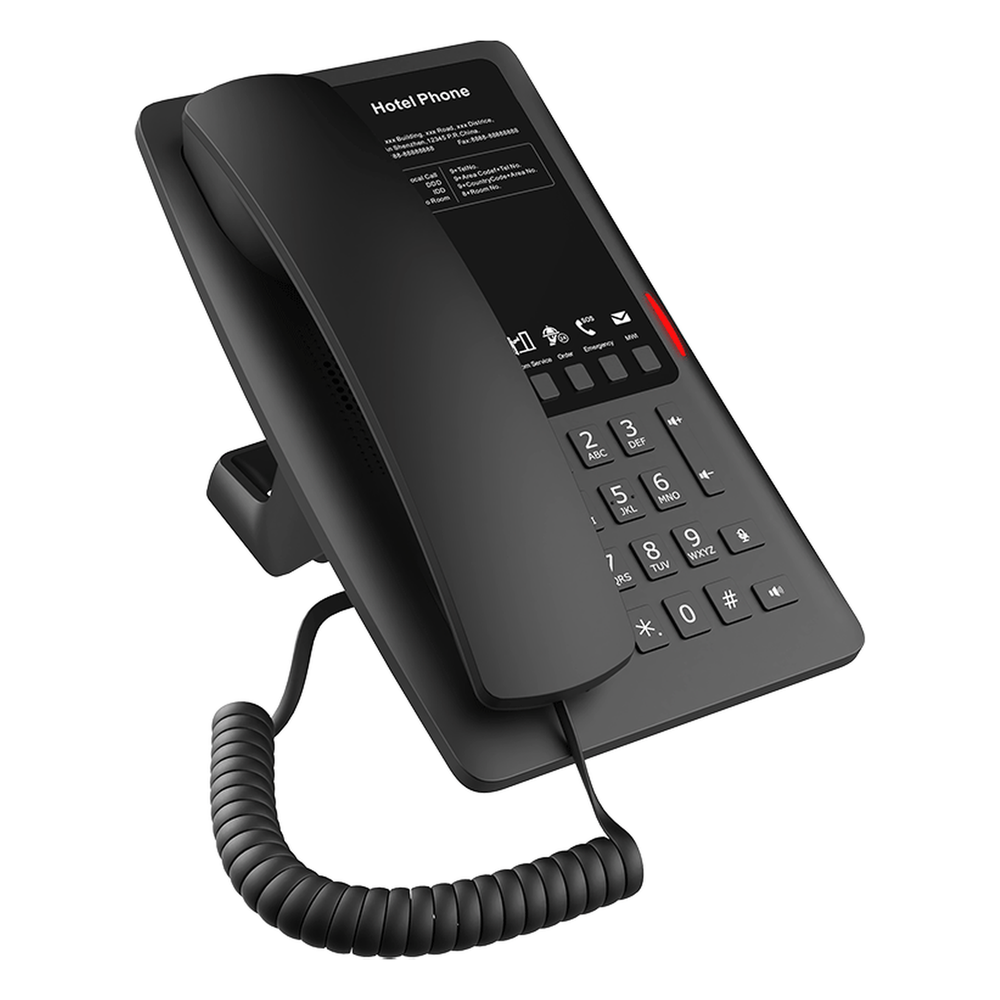 Teléfono IP Hotelero / 2 Líneas SIP / 5 Teclas Programables / Puerto USB-A de Carga / PoE 802.3af / Ethernet 10/100 / Audio HD Manos Libres