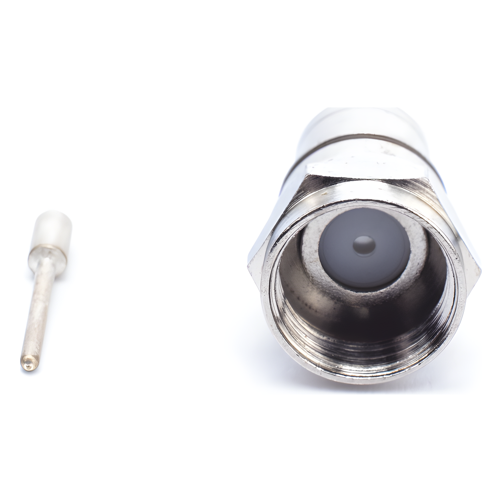 Conector F Macho Plegable, Con PIN para Cable RG-59, Cuerpo de Bronce Niquelado.