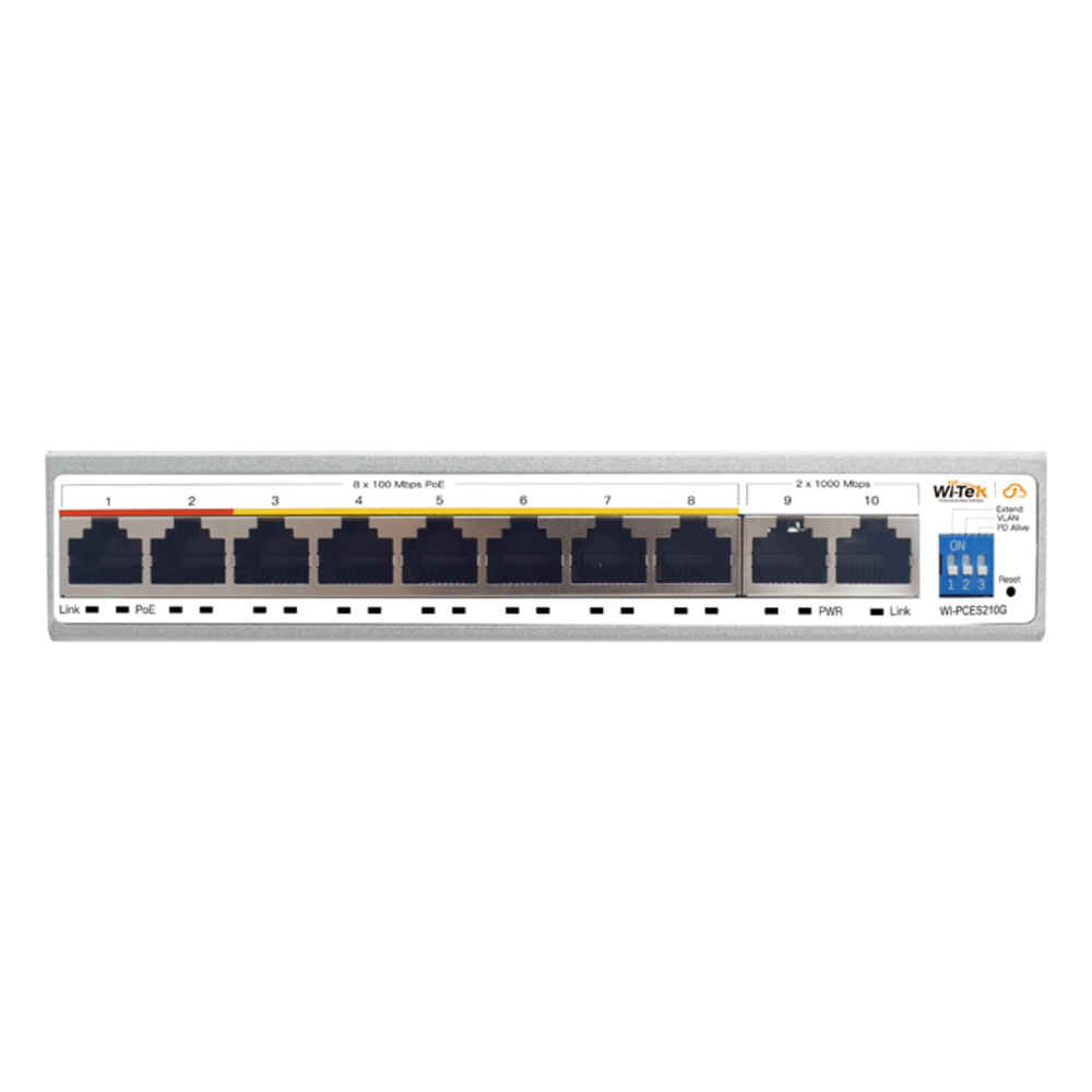 Switch PoE / Administración en la nube / Con 8 puertos 10/100 Mbps PoE af/at / 2 Puertos Uplink 10/100/1000 Mbps / Presupuesto 100 W / PoE hasta 250 metros / Soporta protocolo ONVIF