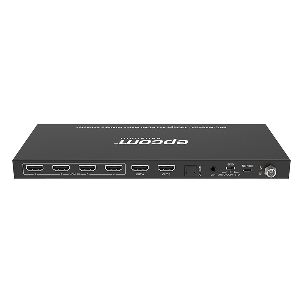 Matricial HDMI | 4x2 | 4K2K@60Hz | HDR | YCbCr 4:4:4 | EDID Auto | Extractor de Audio | Salida de audio análoga y digitalizados | HDCP 2.2 | 18 Gbps