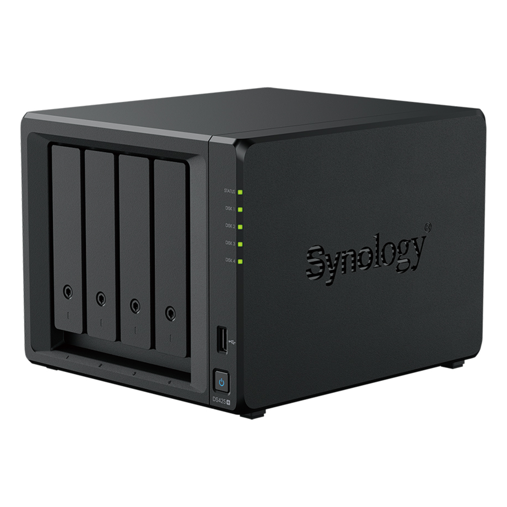 NAS DiskStation DS425+ | 4 Bahías | Intel Celeron J4125 2.7 GHz | 2 GB DDR4 / 2.5GbE + 1GbE | 2 Puertos USB 3.2 Gen 1 | 2 Ranuras M.2 NVMe | Hasta 80 TB | Synology DSM.