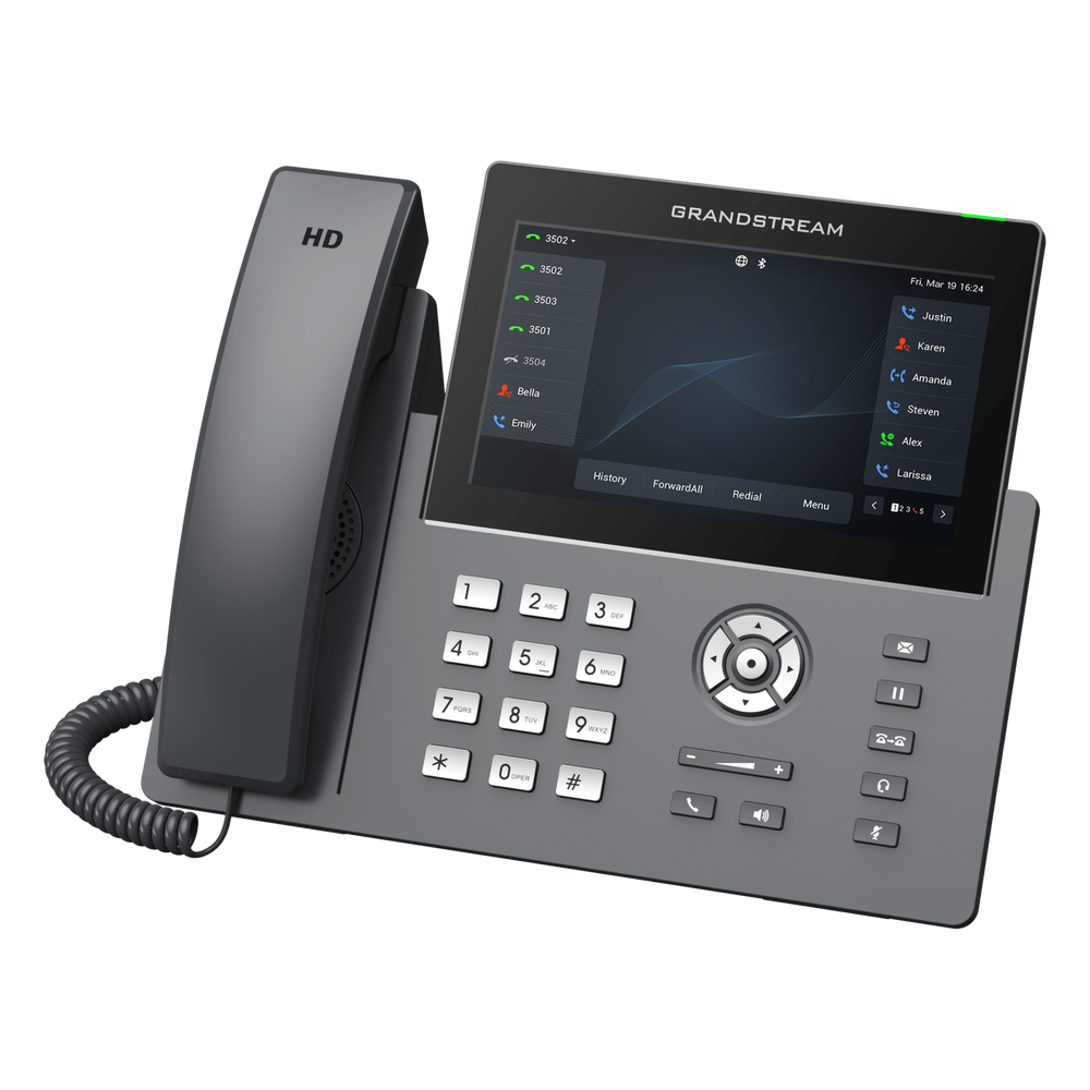 Teléfono IP Wi-Fi, Grado Operador, 12 líneas SIP con 6 cuentas, pantalla táctil  7", puertos Gigabit, Bluetooth, PoE, codec Opus, IPV4/IPV6 con gestión en la nube GDMS