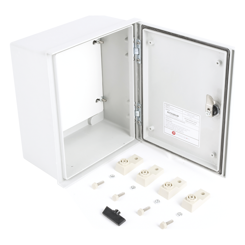 Gabinete de Poliéster IP65 Uso en Intemperie (250 x 300 x 140 mm) con Placa Trasera Interior de Plástico (Incluye Chapa y Llave).