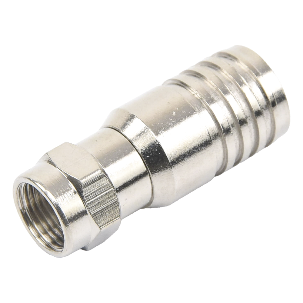Conector F Macho en 75 Ohm, Plegable para Instalar en Cables Coaxiales RG-11, Cuerpo de Bronce-Niquelado/ Teflón.