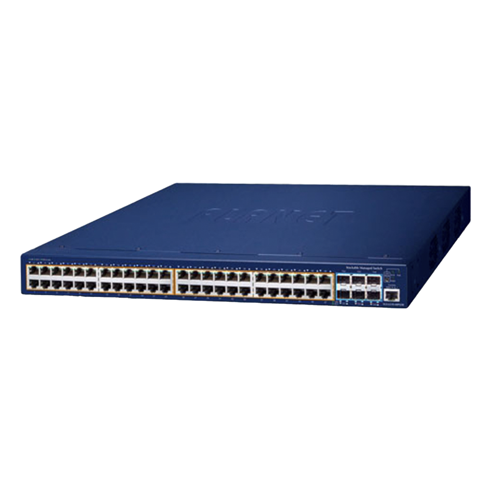 Switch Administrable Stacking Capa 3, 48 Puertos PoE Gigabit 802.3at, 6 Puertos SFP de 10 G, Entrada de Alimentación Redundante de 55 V cc.