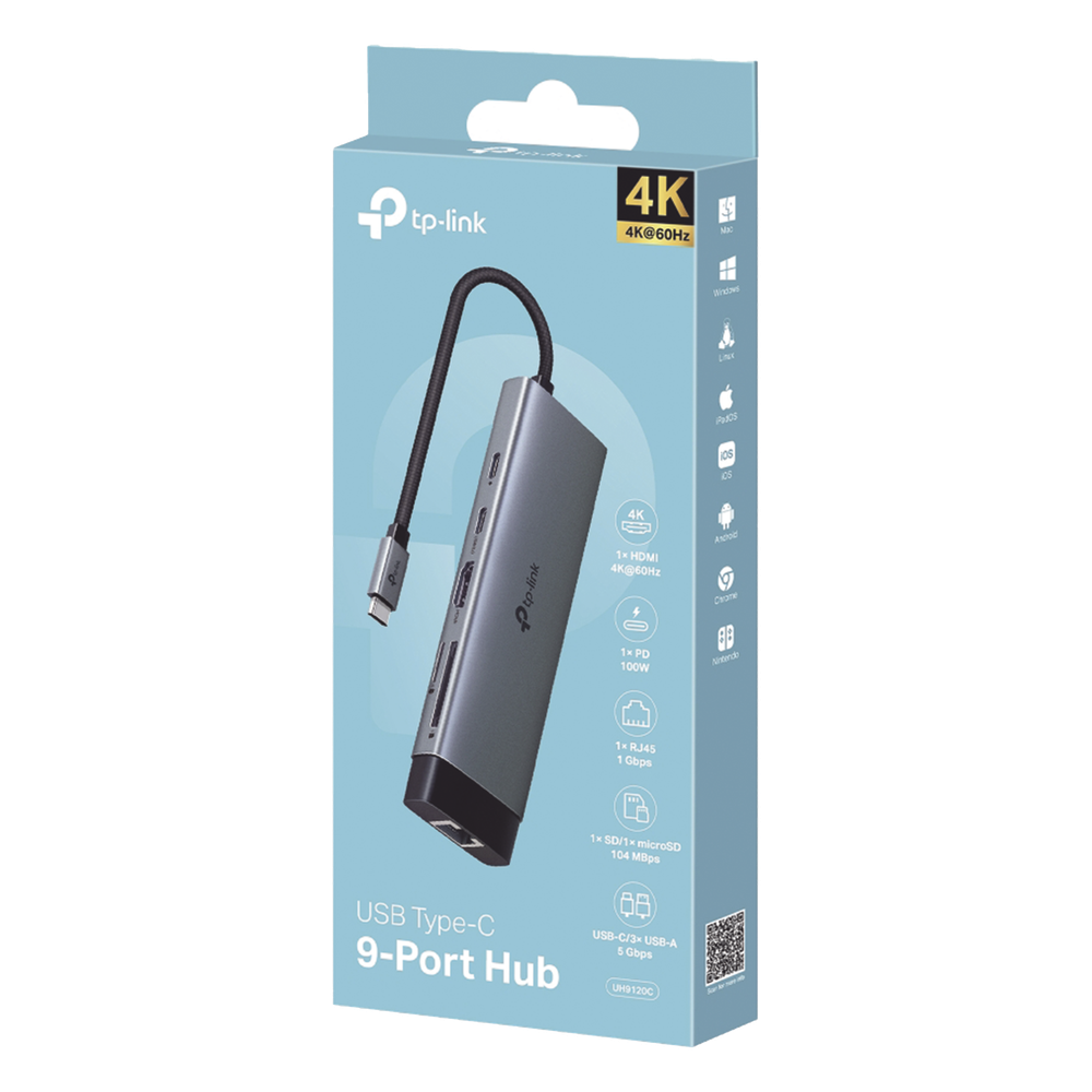 Adaptador HUB 9 en 1, 1 puerto USB-C entrada, 1 puerto HDMI 4K, 1 puerto Ethernet Gigabit, 1 puerto SD y MicroSD, 1 puerto USB-C y 3 puertos USB-A