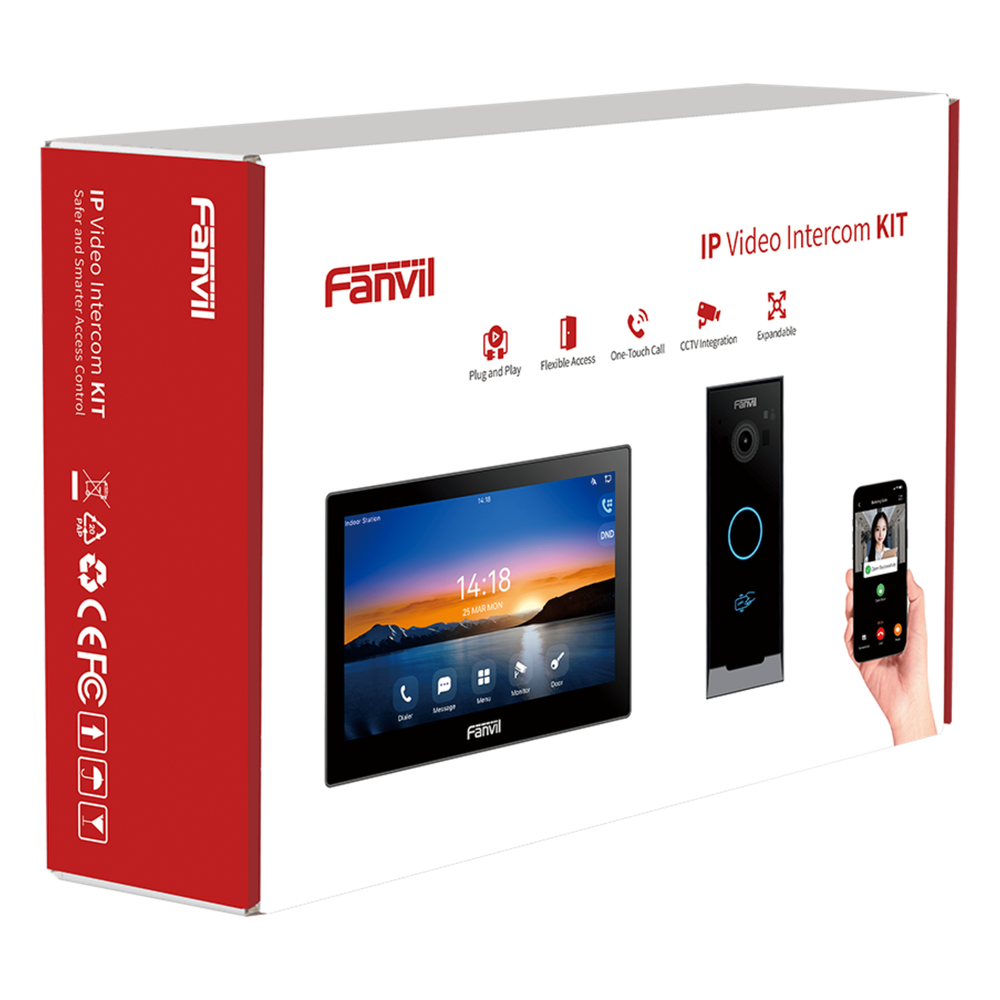 Kit Videoportero IP / Estación Interior i504W + Frente de Calle i60 / Pantalla Táctil 7" HD / Videollamadas H.264/H.265 / Wi-Fi Dual Band / PoE / App Fanvil Link / ONVIF / 10,000 Tarjetas RFID