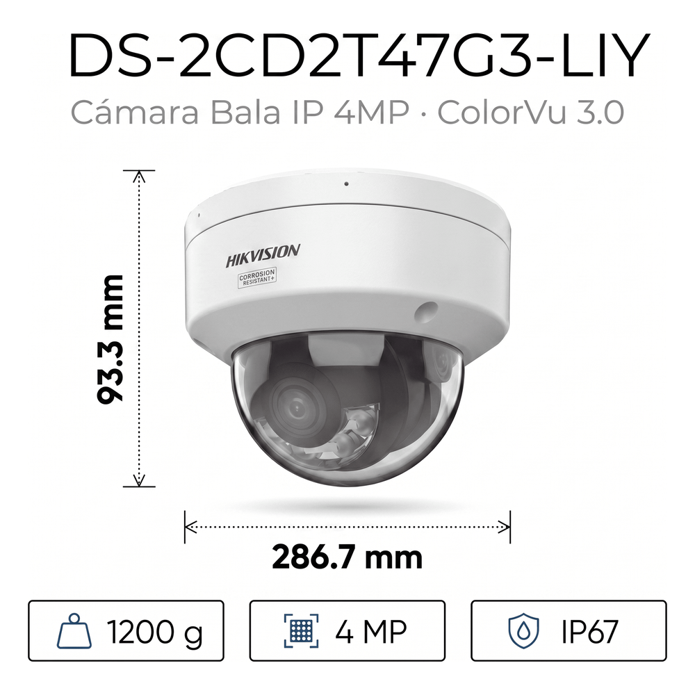 [Dual Light + ColorVu 3.0 + HikAI] Bala IP 4 Megapixel / Lente 4 mm / 60 mts IR + Luz Blanca / Exterior IP67 / WDR 130 dB / ACUSENSE 3.0 / Metal / NEMA 4X / ACUSEEK