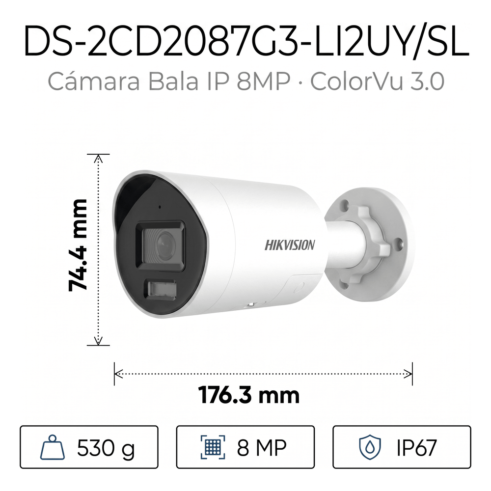 [Dual Light + ColorVu 3.0 + HikAI] Bala IP 8 Megapixel / Lente 2.8 mm / 40 mts IR + Luz Blanca / 2 Microfonos Integrados / Exterior IP67 / Estrobo Luz Blanca / WDR 130 dB / ACUSENSE 3.0 / Metal / NEMA 4X / ACUSEEK