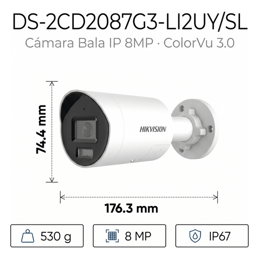 [Dual Light + ColorVu 3.0 + HikAI] Bala IP 8 Megapixel / Lente 2.8 mm / 40 mts IR + Luz Blanca / 2 Microfonos Integrados / Exterior IP67 / Estrobo Luz Blanca / WDR 130 dB / ACUSENSE 3.0 / Metal / NEMA 4X / ACUSEEK
