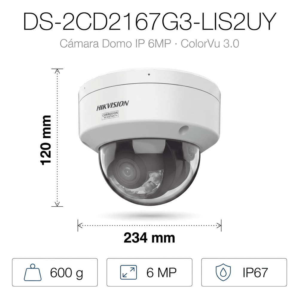 [Dual Light + ColorVu 3.0 + HikAI] Domo IP 6 Megapixel / Lente 2.8 mm / 30 mts IR + Luz Blanca / 2 Microfonos Integrados / Exterior IP67 / WDR 130 dB / ACUSENSE 3.0 / Metal / NEMA 4X / ACUSEEK