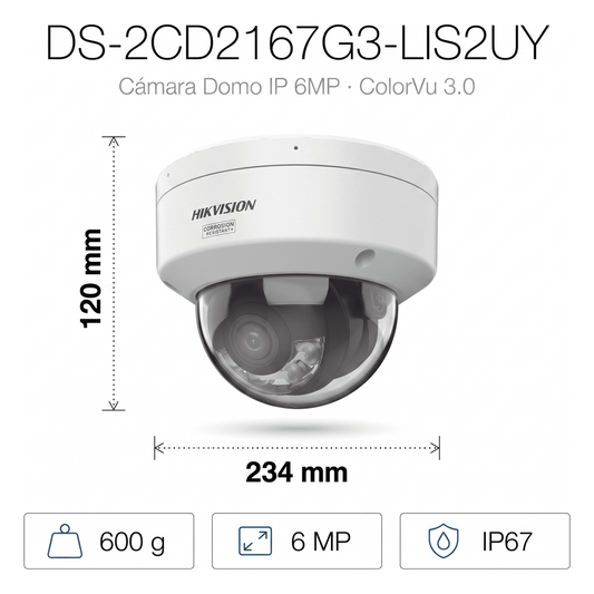 [Dual Light + ColorVu 3.0 + HikAI] Domo IP 6 Megapixel / Lente 2.8 mm / 30 mts IR + Luz Blanca / 2 Microfonos Integrados / Exterior IP67 / WDR 130 dB / ACUSENSE 3.0 / Metal / NEMA 4X / ACUSEEK
