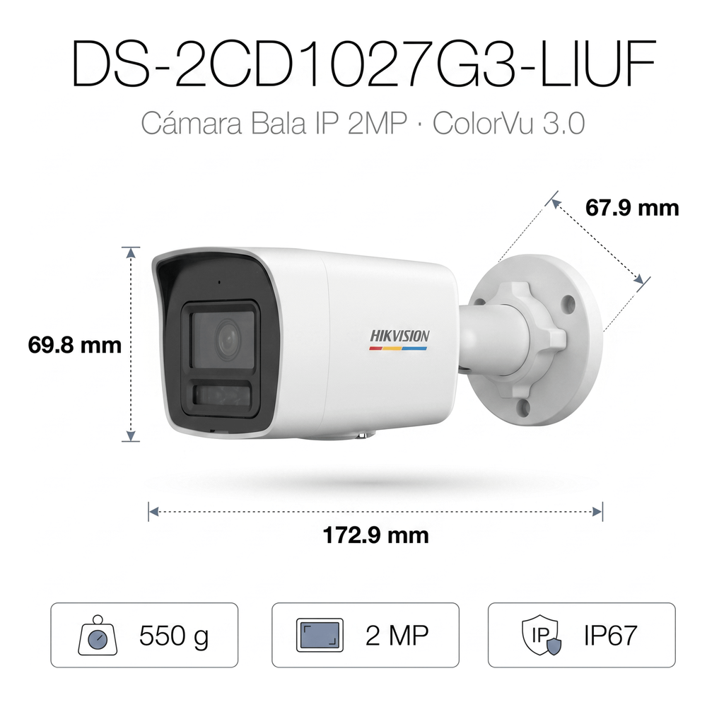 [ColorVu 3.0 + MD 3.0] Bala IP 2 Megapixel / Lente 2.8 mm / 30 mts IR + 30 mts Luz Blanca / Micrófono Integrado / Detección de Movimiento 3.0 / Exterior IP67 / WDR 120 dB / PoE / Micro SD