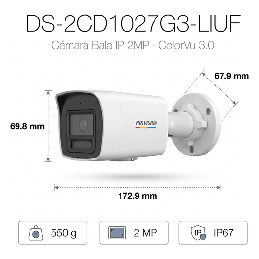 [ColorVu 3.0 + MD 3.0] Bala IP 2 Megapixel / Lente 2.8 mm / 30 mts IR + 30 mts Luz Blanca / Micrófono Integrado / Detección de Movimiento 3.0 / Exterior IP67 / WDR 120 dB / PoE / Micro SD