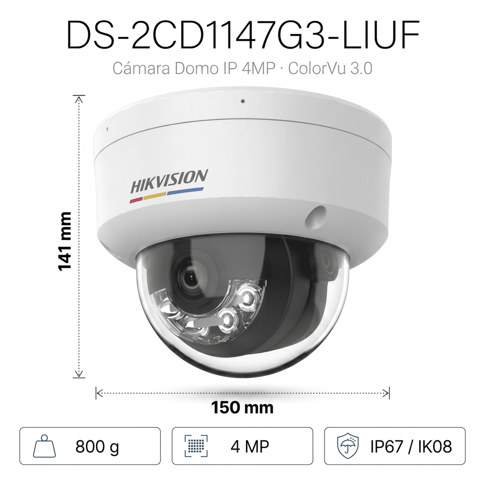 [ColorVu 3.0 + MD 3.0] Domo IP 4 Megapixel / Lente 2.8 mm / 30 mts IR + 30 mts Luz Blanca / Micrófono Integrado / Motion Detection 3.0 / Exterior IP67 / IK08 / WDR 120 dB / PoE / Micro SD