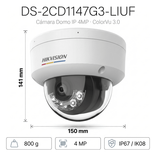 [ColorVu 3.0 + MD 3.0] Domo IP 4 Megapixel / Lente 2.8 mm / 30 mts IR + 30 mts Luz Blanca / Micrófono Integrado / Motion Detection 3.0 / Exterior IP67 / IK08 / WDR 120 dB / PoE / Micro SD