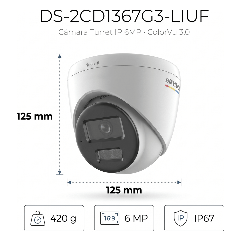[ColorVu 3.0 + MD 3.0]  Turret IP 6 Megapixel / Lente 2.8 mm / 30 mts IR + 30 mts Luz Blanca / Micrófono Integrado / ACUSENSE Lite / Exterior IP67 / WDR 120 dB / PoE / Micro SD