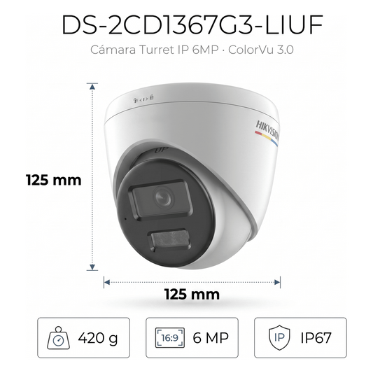 [ColorVu 3.0 + MD 3.0]  Turret IP 6 Megapixel / Lente 2.8 mm / 30 mts IR + 30 mts Luz Blanca / Micrófono Integrado / ACUSENSE Lite / Exterior IP67 / WDR 120 dB / PoE / Micro SD
