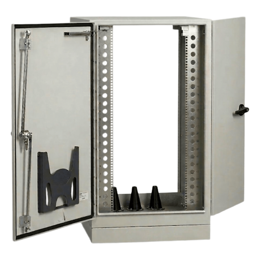 Gabinete para Exterior Tipo 4X Doble Puerta de 10 UR / Aluminio Soldado / 762 x 762 x 1118 mm / Exterior IP66 / Montaje Almohadilla / Aislamiento Térmico / Gris RAL 7035