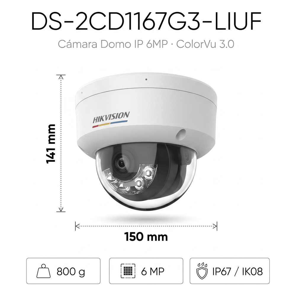 [ColorVu 3.0 + MD 3.0] Domo IP 6 Megapixel / Lente 2.8 mm / 30 mts IR + 30 mts Luz Blanca / Micrófono Integrado / Motion Detection 3.0 / Exterior IP67 / IK08 / dWDR / PoE / Micro SD