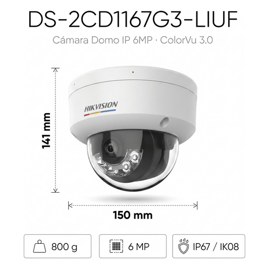 [ColorVu 3.0 + MD 3.0] Domo IP 6 Megapixel / Lente 2.8 mm / 30 mts IR + 30 mts Luz Blanca / Micrófono Integrado / Motion Detection 3.0 / Exterior IP67 / IK08 / dWDR / PoE / Micro SD