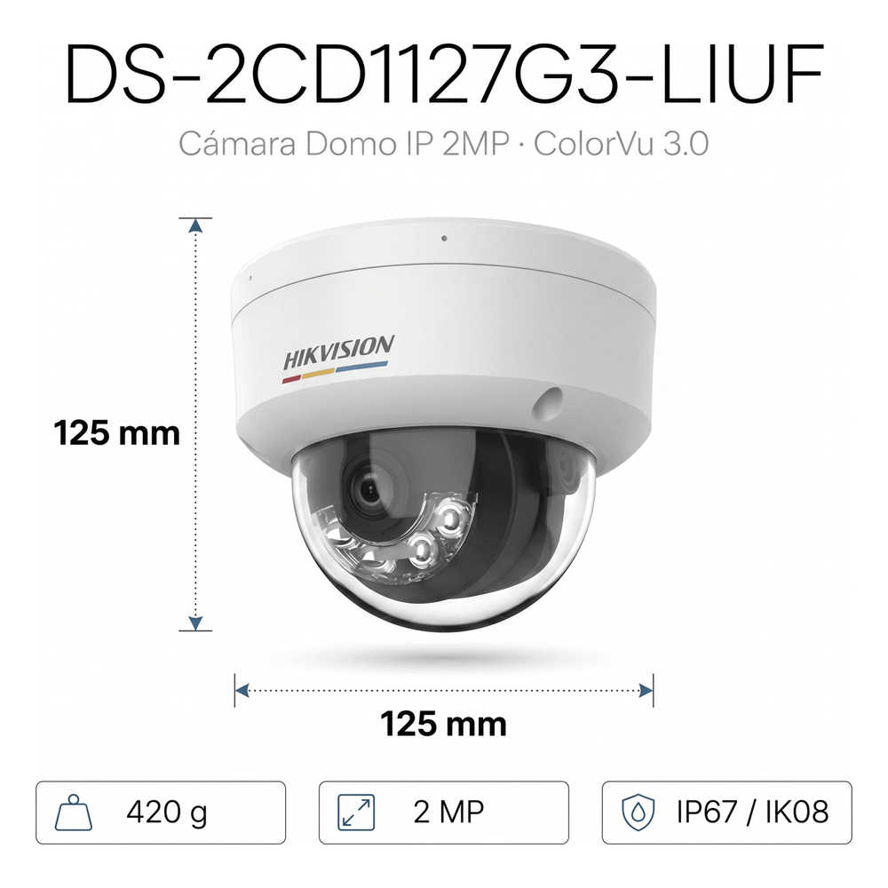 [ColorVu 3.0 + MD 3.0] Domo IP 2 Megapixel / Lente 2.8 mm / 30 mts IR + 30 mts Luz Blanca / Micrófono Integrado / Motion Detection 3.0 / Exterior IP67 / IK08 / dWDR / PoE / Micro SD