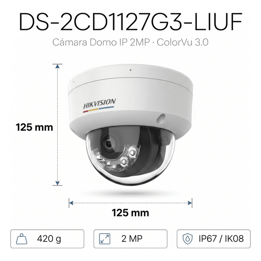 [ColorVu 3.0 + MD 3.0] Domo IP 2 Megapixel / Lente 2.8 mm / 30 mts IR + 30 mts Luz Blanca / Micrófono Integrado / Motion Detection 3.0 / Exterior IP67 / IK08 / dWDR / PoE / Micro SD
