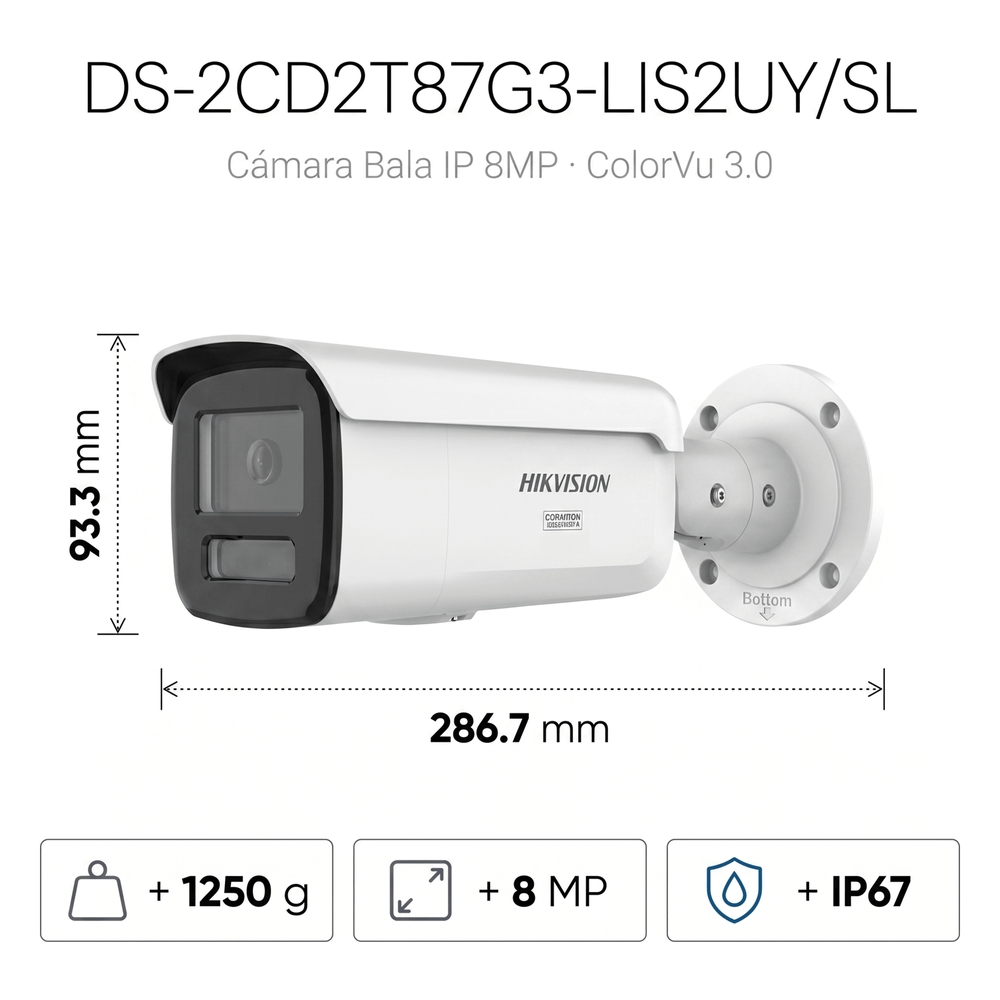 [Dual Light + ColorVu 3.0 + HikAI] Bala IP 8 Megapixel / Lente 4 mm / 60 mts IR + Luz Blanca / Exterior IP67 / Estrobo Luz Blanca / WDR 130 dB / ACUSENSE 3.0 / Metal / NEMA 4X / ACUSEEK