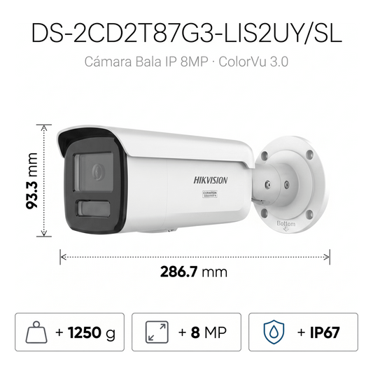 [Dual Light + ColorVu 3.0 + HikAI] Bala IP 8 Megapixel / Lente 4 mm / 60 mts IR + Luz Blanca / Exterior IP67 / Estrobo Luz Blanca / WDR 130 dB / ACUSENSE 3.0 / Metal / NEMA 4X / ACUSEEK