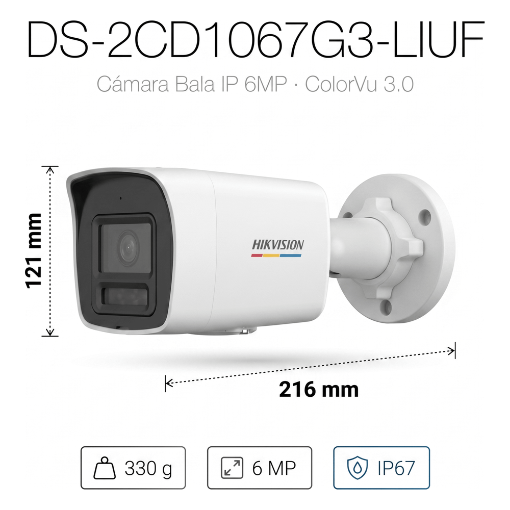 [ColorVu 3.0 + MD 3.0] Bala IP 6 Megapixel / Lente 2.8 mm / 30 mts IR + 30 mts Luz Blanca / Micrófono Integrado / Motion Detection 3.0 / Exterior IP67 / WDR 120 dB / PoE / Micro SD