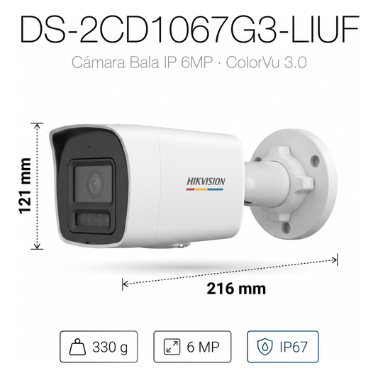 [ColorVu 3.0 + MD 3.0] Bala IP 6 Megapixel / Lente 2.8 mm / 30 mts IR + 30 mts Luz Blanca / Micrófono Integrado / Motion Detection 3.0 / Exterior IP67 / WDR 120 dB / PoE / Micro SD