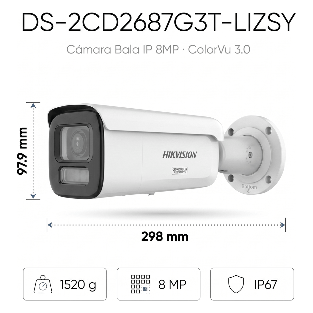 [Dual Light + ColorVu 3.0 + HikAI] Bala IP 8 Megapixel / Lente Mot. 2.8 a 12 mm / 60 mts IR + Luz Blanca / Exterior IP67 / WDR 130 dB / ACUSENSE 3.0 / Metal / NEMA 4X / ACUSEEK