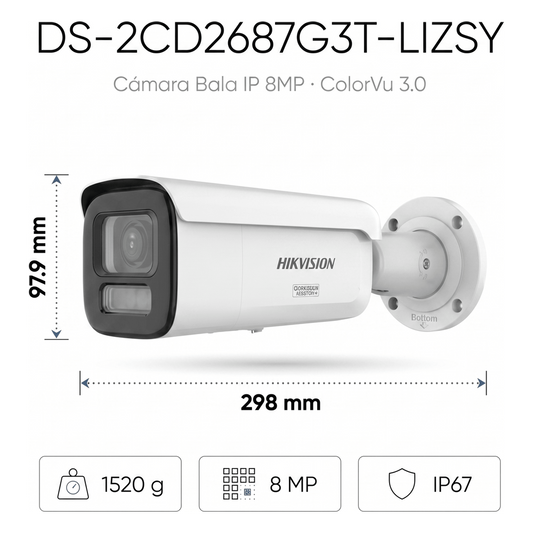 [Dual Light + ColorVu 3.0 + HikAI] Bala IP 8 Megapixel / Lente Mot. 2.8 a 12 mm / 60 mts IR + Luz Blanca / Exterior IP67 / WDR 130 dB / ACUSENSE 3.0 / Metal / NEMA 4X / ACUSEEK