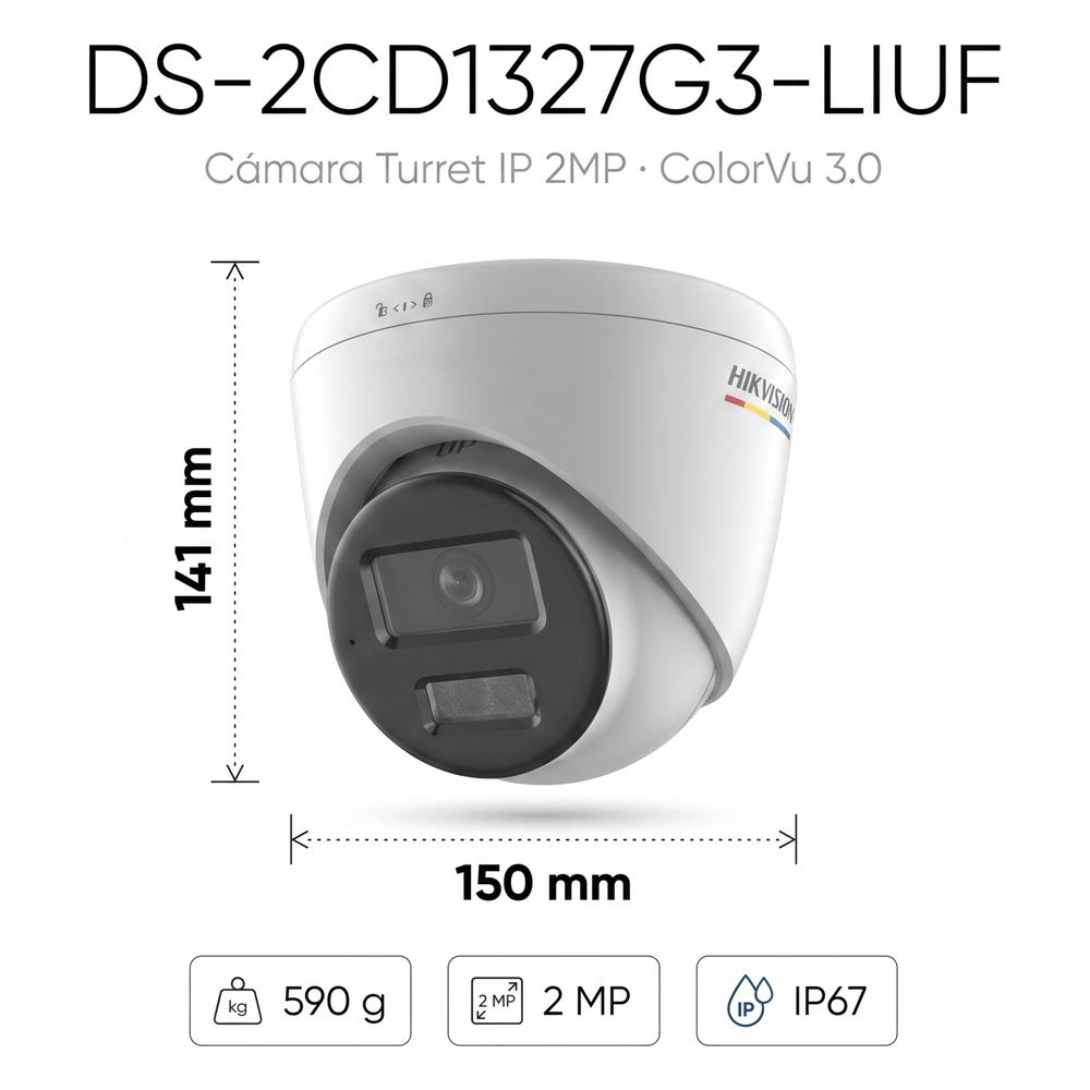 [ColorVu 3.0 + MD 3.0] Turret IP 2 Megapixel / Lente 2.8 mm / 30 mts IR + 30 mts Luz Blanca / Micrófono Integrado /Motion Detection 3.0 / Exterior IP67 / dWDR / PoE / Micro SD