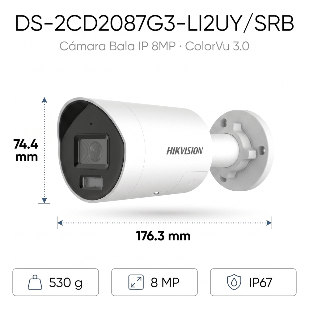 [Dual Light + ColorVu 3.0 + HikAI] Bala IP 8 Megapixel / Lente 2.8 mm / 40 mts IR + Luz Blanca / 2 Microfonos Integrados / Exterior IP67 / Estrobo Azul y Rojo / WDR 130 dB / ACUSENSE 3.0 / Metal / NEMA 4X / ACUSEEK