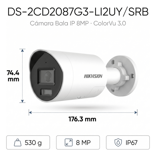 [Dual Light + ColorVu 3.0 + HikAI] Bala IP 8 Megapixel / Lente 2.8 mm / 40 mts IR + Luz Blanca / 2 Microfonos Integrados / Exterior IP67 / Estrobo Azul y Rojo / WDR 130 dB / ACUSENSE 3.0 / Metal / NEMA 4X / ACUSEEK
