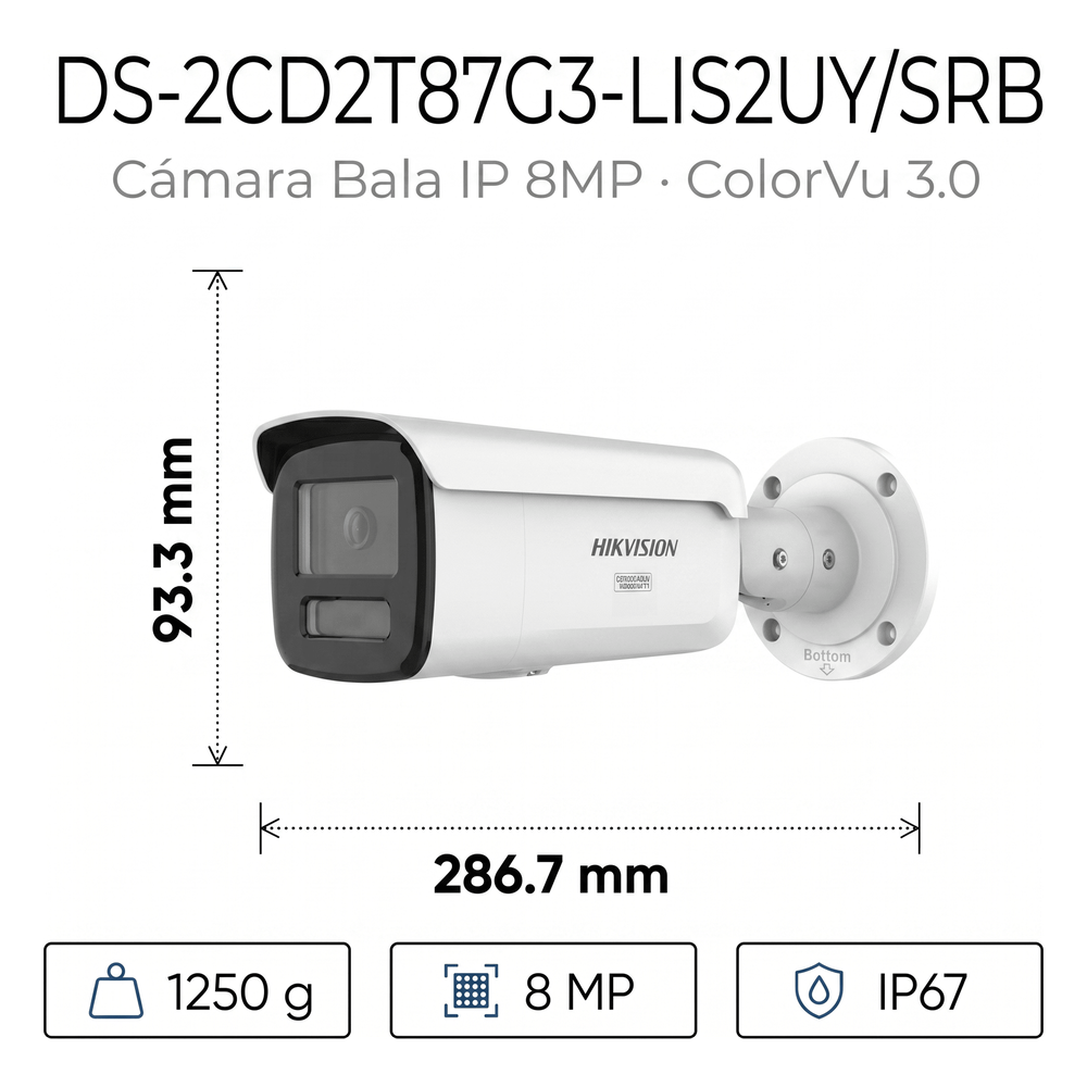 [Dual Light + ColorVu 3.0 + HikAI] Bala IP 8 Megapixel / Lente 4 mm / 60 mts IR + Luz Blanca / Exterior IP67 / Estrobo Azul y Rojo / WDR 130 dB / ACUSENSE 3.0 / Metal / NEMA 4X / ACUSEEK