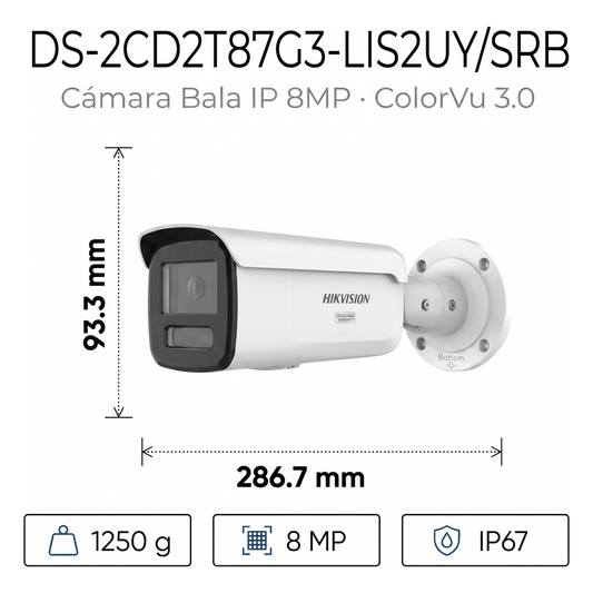 [Dual Light + ColorVu 3.0 + HikAI] Bala IP 8 Megapixel / Lente 4 mm / 60 mts IR + Luz Blanca / Exterior IP67 / Estrobo Azul y Rojo / WDR 130 dB / ACUSENSE 3.0 / Metal / NEMA 4X / ACUSEEK