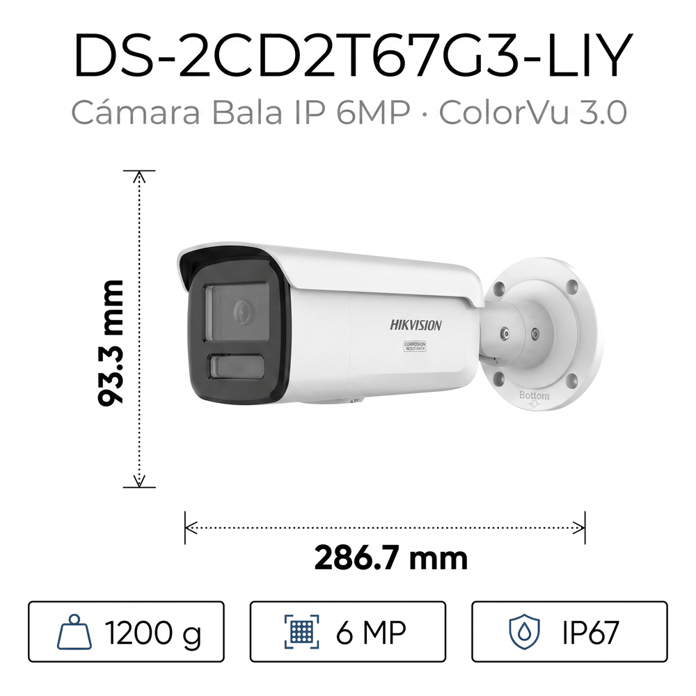 [Dual Light + ColorVu 3.0 + HikAI] Bala IP 6 Megapixel / Lente 4 mm / 60 mts IR + Luz Blanca / Exterior IP67 / WDR 130 dB / ACUSENSE 3.0 / Metal / NEMA 4X / ACUSEEK