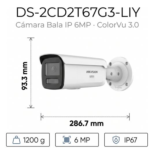 [Dual Light + ColorVu 3.0 + HikAI] Bala IP 6 Megapixel / Lente 4 mm / 60 mts IR + Luz Blanca / Exterior IP67 / WDR 130 dB / ACUSENSE 3.0 / Metal / NEMA 4X / ACUSEEK