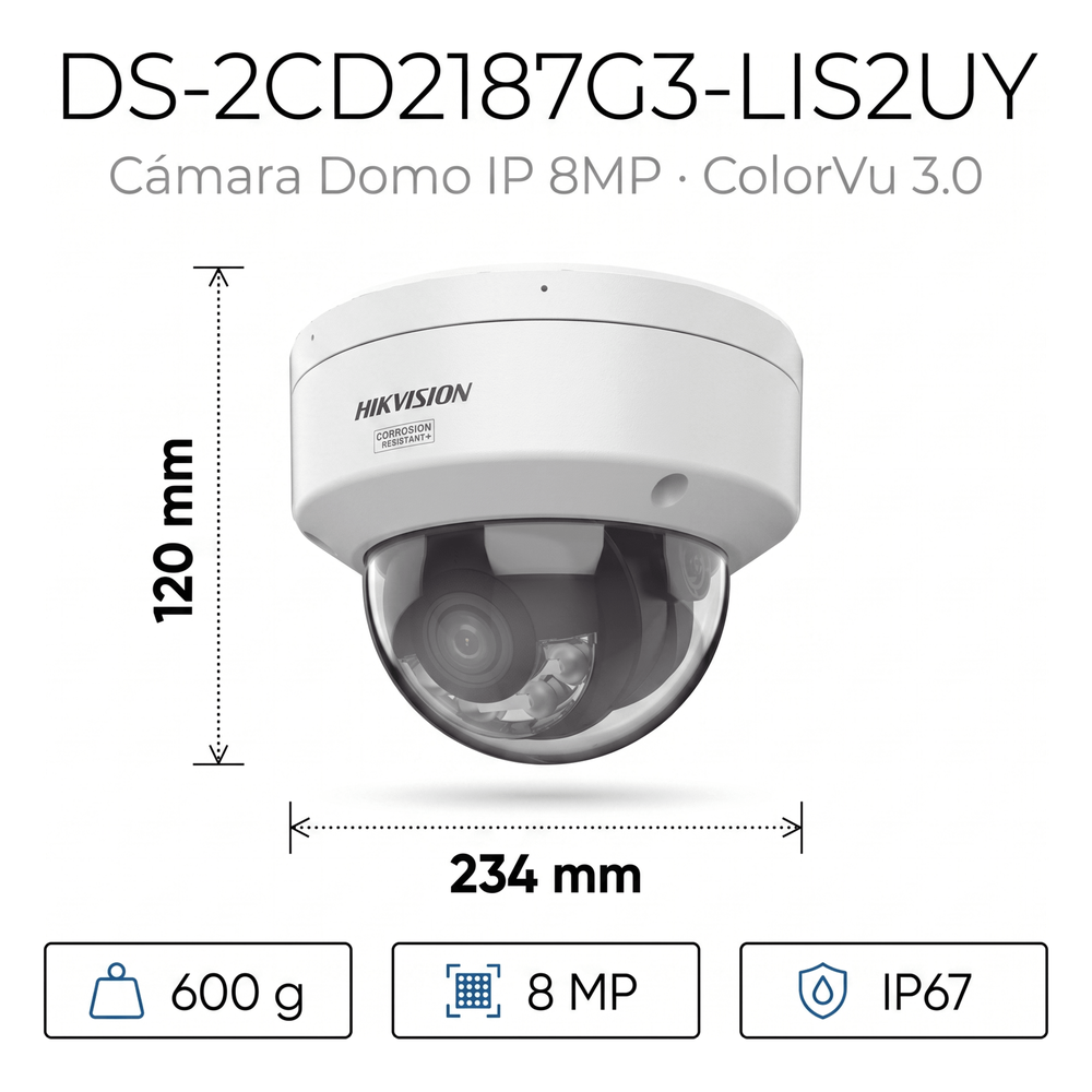 [Dual Light + ColorVu 3.0 + HikAI] Domo IP 8 Megapixel / Lente 2.8 mm / 30 mts IR + Luz Blanca / 2 Microfonos Integrados / Exterior IP67 / WDR 130 dB / ACUSENSE 3.0 / Metal / NEMA 4X / ACUSEEK