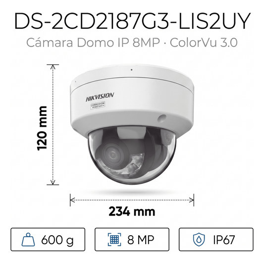 [Dual Light + ColorVu 3.0 + HikAI] Domo IP 8 Megapixel / Lente 2.8 mm / 30 mts IR + Luz Blanca / 2 Microfonos Integrados / Exterior IP67 / WDR 130 dB / ACUSENSE 3.0 / Metal / NEMA 4X / ACUSEEK
