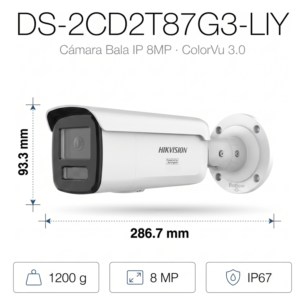 [Dual Light + ColorVu 3.0 + HikAI] Bala IP 8 Megapixel / Lente 4 mm / 60 mts IR + Luz Blanca / Exterior IP67 / WDR 130 dB / ACUSENSE 3.0 / Metal / NEMA 4X / ACUSEEK