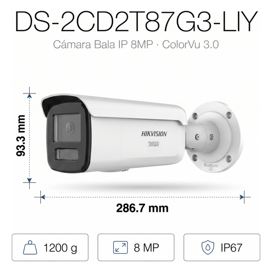[Dual Light + ColorVu 3.0 + HikAI] Bala IP 8 Megapixel / Lente 4 mm / 60 mts IR + Luz Blanca / Exterior IP67 / WDR 130 dB / ACUSENSE 3.0 / Metal / NEMA 4X / ACUSEEK