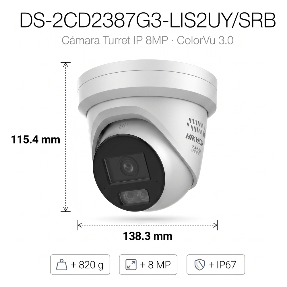 [Dual Light + ColorVu 3.0 + HikAI] Turret IP 8 Megapixel / Lente 2.8 mm / 30 mts IR + Luz Blanca / 2 Microfonos Integrados / Exterior IP67 / Estrobo Azul y Rojo / WDR 130 dB / ACUSENSE 3.0 / Metal / NEMA 4X / ACUSEEK