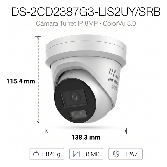 [Dual Light + ColorVu 3.0 + HikAI] Turret IP 8 Megapixel / Lente 2.8 mm / 30 mts IR + Luz Blanca / 2 Microfonos Integrados / Exterior IP67 / Estrobo Azul y Rojo / WDR 130 dB / ACUSENSE 3.0 / Metal / NEMA 4X / ACUSEEK
