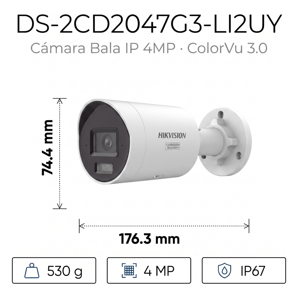 [Dual Light + ColorVu 3.0 + HikAI] Bala IP 4 Megapixel / Lente 2.8 mm / 40 mts IR + Luz Blanca / 2 Microfonos Integrados / Exterior IP67 / WDR 130 dB / ACUSENSE 3.0 / Metal / NEMA 4X / ACUSEEK