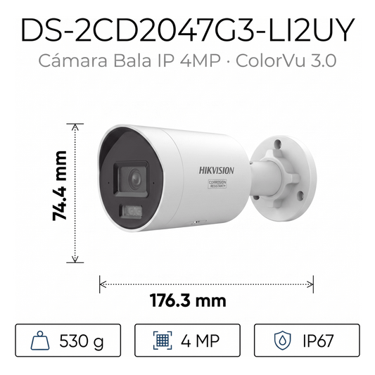 [Dual Light + ColorVu 3.0 + HikAI] Bala IP 4 Megapixel / Lente 2.8 mm / 40 mts IR + Luz Blanca / 2 Microfonos Integrados / Exterior IP67 / WDR 130 dB / ACUSENSE 3.0 / Metal / NEMA 4X / ACUSEEK