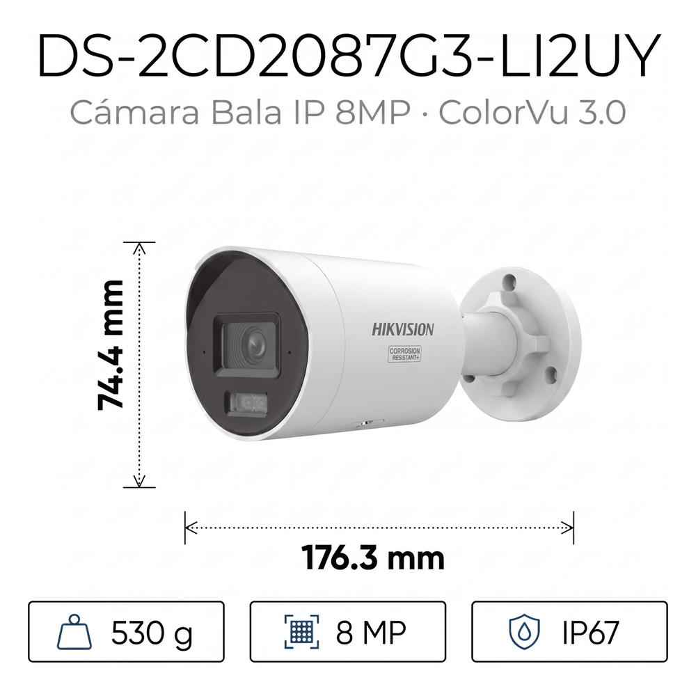[Dual Light + ColorVu 3.0 + HikAI] Bala IP 8 Megapixel / Lente 2.8 mm / 40 mts IR + Luz Blanca / 2 Microfonos Integrados / Exterior IP67 / WDR 130 dB / ACUSENSE 3.0 / Metal / NEMA 4X / ACUSEEK